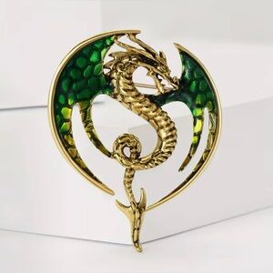 Dragon Fantasy Brooch Modern New Green & Gold Tone
